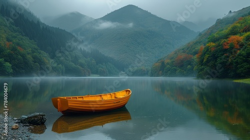   A yellow boat floats on a lake s surface  nearby is a lush green forest-covered mountain adorned with autumn foliage