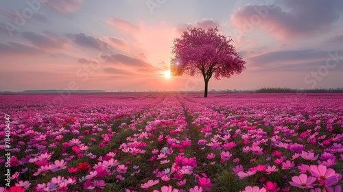  A field teeming with pink blooms, a solitary tree in its heart, backdropped by the golden sun
