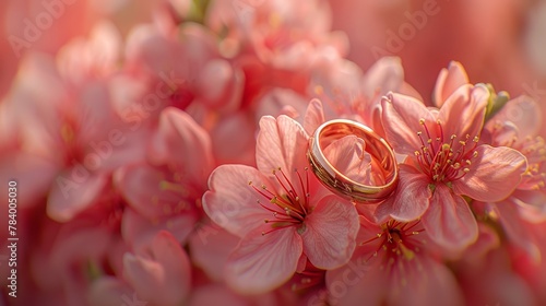   A few wedding rings atop a mound of pink flowers, nestled amidst a bed of similar blooms photo