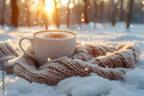 Cozy winter composition with hot beverage, blanket, and snowy landscape, perfect for Christmas and New Year's Eve