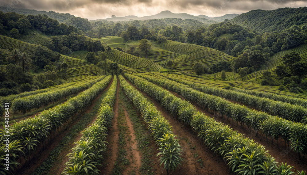 Coffee plantation. High mountain coffee plantation. Fantastic mountain landscape. Sunset coffee harvest