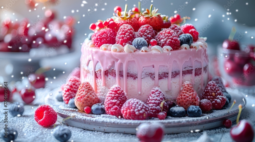 A pristine white plate holds a cake adorned with red raspberries and various toppings, dusted lightly with powdered sugar A pristine white plate holds a cake adorned with red raspberries and various toppings, dusted lightly with powdered sugar