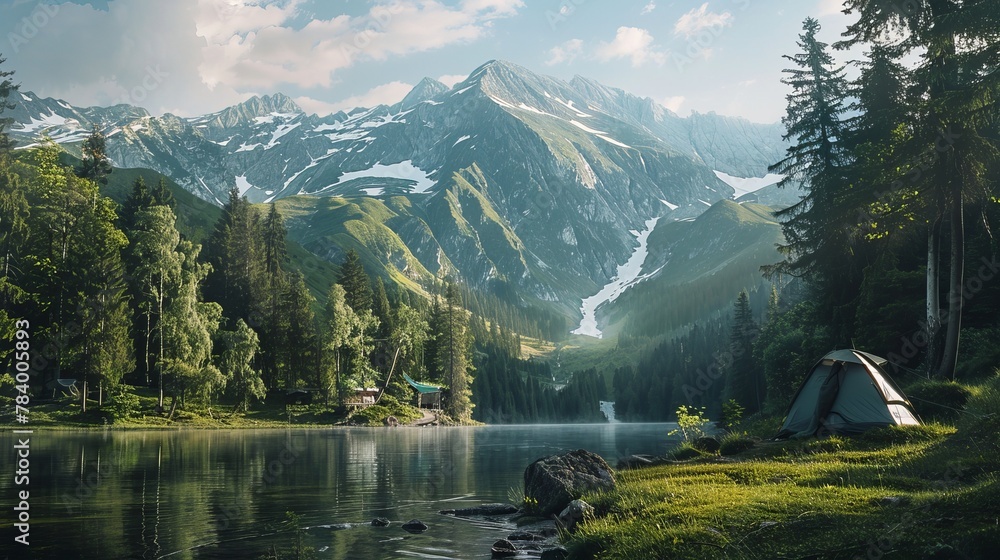 Naklejka premium A magazine shows a picture of a mountain in a forest. A green meadow and a camp tent are next to a lake. It's like it's a 3D picture. Travel and camping are the main ideas.