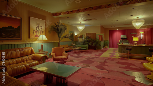 Retro motel. Hotel interior. 1970`s vibes
