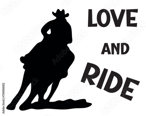 Black and white vector flat illustration: Barrel racing western horse and rider silhouette