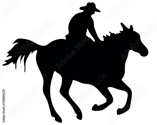 Black and white vector flat illustration: Barrel racing western horse and rider silhouette