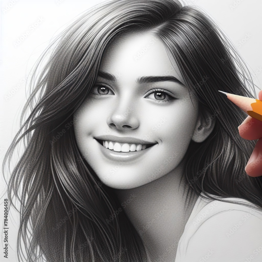 Naklejka premium Simple black and white drawing portrait of a cute girl with long dark hair who is smiling, white background