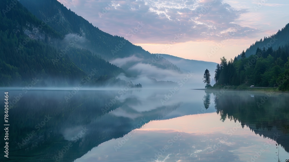 A serene mountain lake with fog and reflected sunset hues. A nearby traffic trail adds contrast to the tranquility.