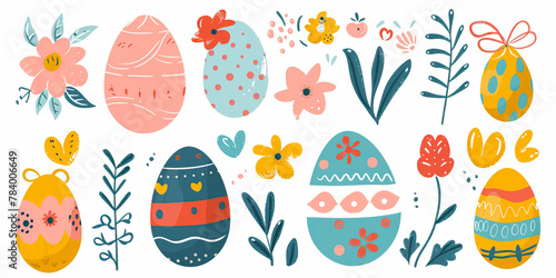 Hand drawn abstract Easter items, Easter eggs, gifts, decorations