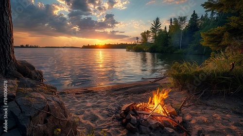 A warm campfire flickers on a sandy shore  next to a peaceful lake as the sun begins to set  casting a golden glow over Minnesota s breathtaking landscape.