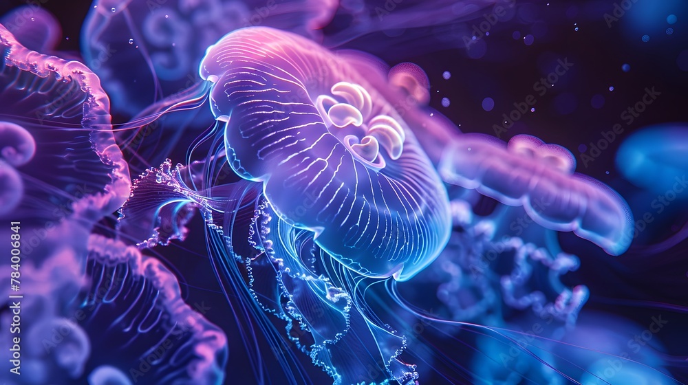 Obraz premium Close Encounter: Pink Jellyfish Swimming in Deep Blue Sea