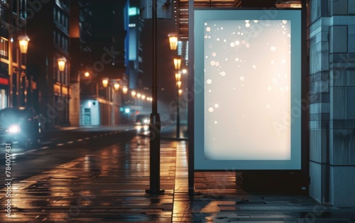 Mockup, Blank white vertical advertising banner billboard stand on the sidewalk at night