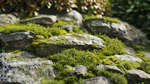 Realistic Moss Texture on Weathered Rocks in Tranquil Garden Setting