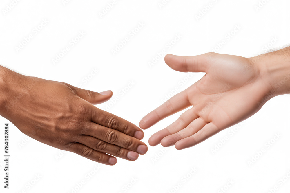 men's hands reaching for handshake, isolated on a white background