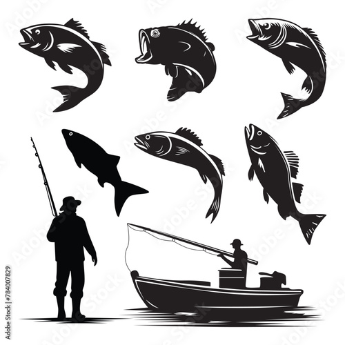 Fish silhouette vector illustration. Set of fisherman fishing silhouette. Silhouette Spearfishing set. Flat design man fishing silhouette. fisherman silhouette set.