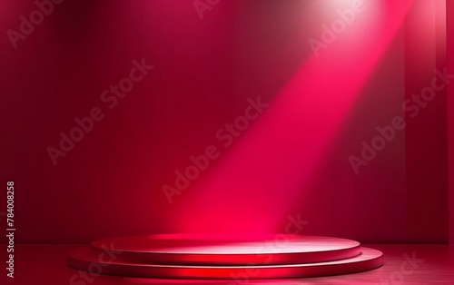 3D Illustration. Minimal red podium for christmas product display. Color round pedestal placed on studio floor. 3D shaded, light from top. Red Spot Light in background