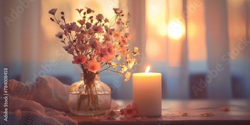 Fiori e candela per una serata romantica. photo