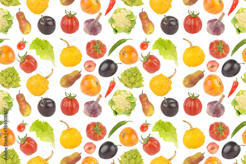 Bright appetizing fruits and vegetables on white. Seamless pattern.