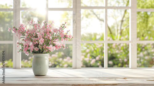 Purple flowers in a white vase on the background of a window and a wooden table. AI.