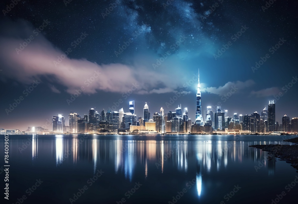 Fototapeta premium Moonlit Metropolis Reflecting on the Lake. Generative AI