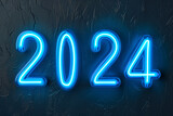 inscription 2024 made of blue color neon tube lights on dark background