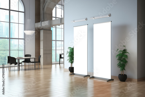 mockup of two roll-up empty white standee banner in modern light office hall, copy space