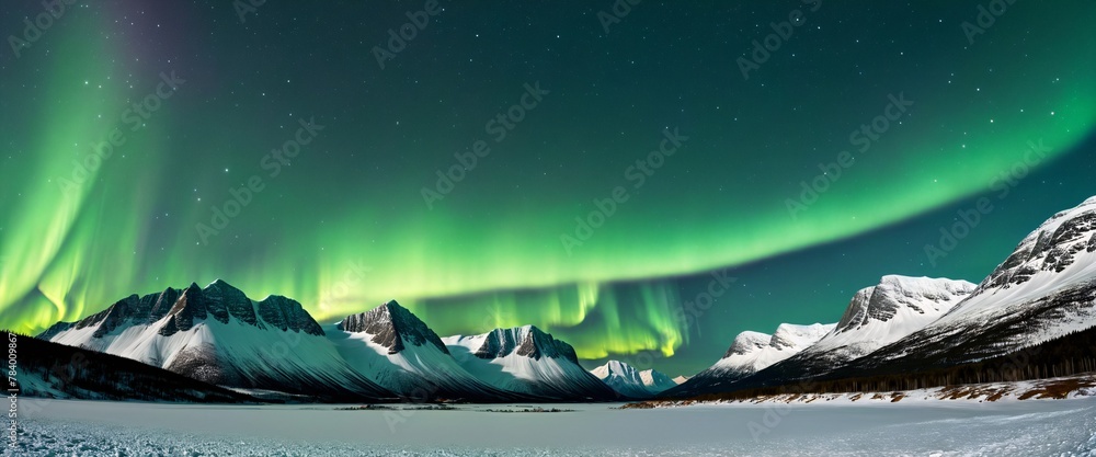 starry night sky in Norway, with a green glow beginning to illuminate ...