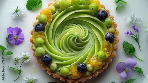  green frosting covers its surface, topped with plump blueberries Surrounding the plate, blooms and verdant leaves gracefully adorn