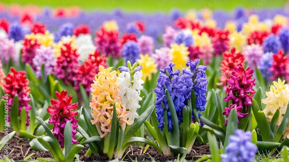 Group multicolored blooming hyacinths. Spring landscape.