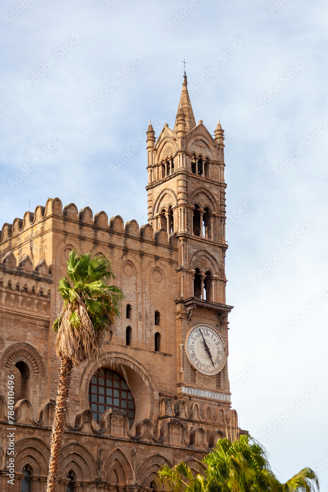 Bell tower of Palermo Cathedral, framed by a palm tree against a blue sky, showcasing its historic clock