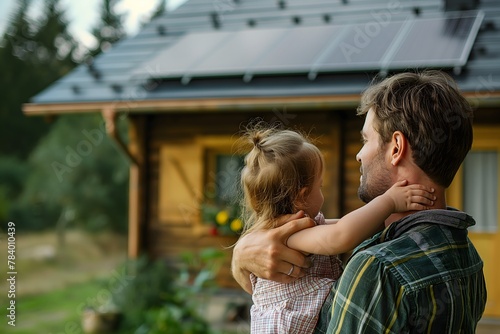 Rückansicht eines Vaters, der sein kleines Mädchen im Arm hält und ihr Haus mit installierten Sonnenkollektoren zeigt. Konzept Alternative Energie, Ressourcenschonung und nachhaltiger Lebensstil