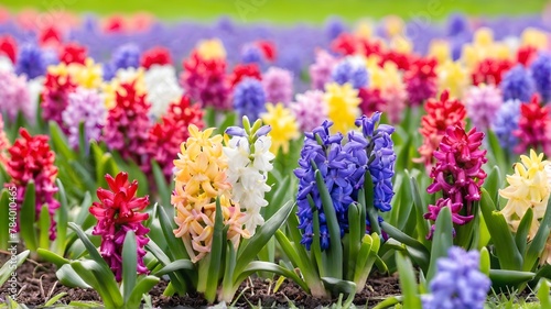 Group multicolored blooming hyacinths. Spring landscape.
