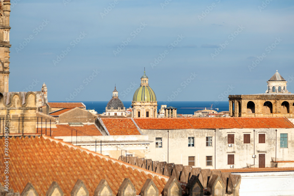 Palermo, Sicily, Italy. The view from Palermo Cathedral offers a stunning tapestry of domes and spires against the backdrop of the Mediterranean Sea