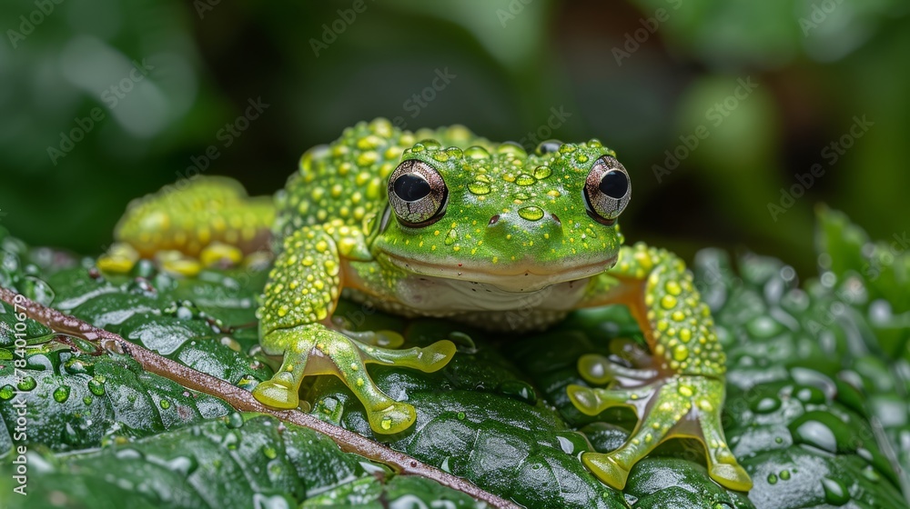 A tight shot of a frog perched on a leaf, with water beads adorning its back legs and reflective eyes A tight shot of a frog perched on a leaf, with water beads adorning its back legs and reflective eyes