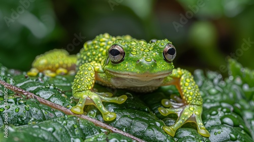   A tight shot of a frog perched on a leaf  with water beads adorning its back legs and reflective eyes