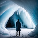 solo male traveler tourist wearing winter coat with standing at the opening of an ice cave travel concept
