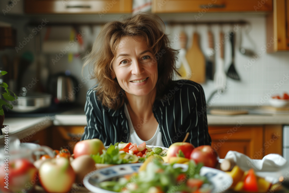 woman smiling in kitchen in front of various vegetables and fruits, selective focus woman smiling in kitchen in front of various vegetables and fruits, selective focus