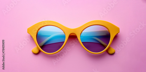 A pair of yellow sunglasses with blue lenses. sunglasses are on a pink background. The sunglasses are bright and cheerful, and the blue lenses add a pop of color to the scene. yellow pastel sunglasses