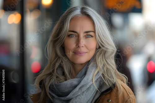 Attraktive lächelnde, weißhaarige, reife Frau posiert, Straßenfotografie, Frau blickt in die Kamera, Konzept natürliche Schönheit © GreenOptix