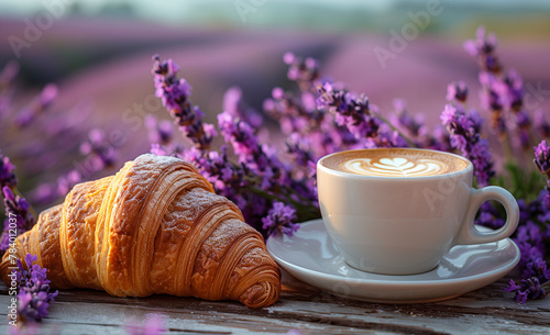 Cup of coffee with croissant on the background of a lavender field