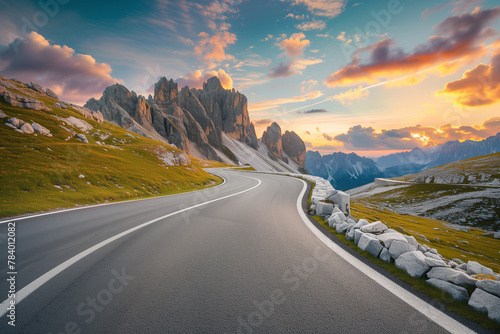road mountain curved, sunset, roadway, rocks mountains, landscape with empty highway