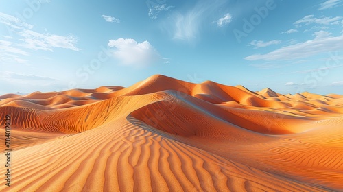   A vast expanse of sand dunes beneath a clear blue sky  scattered with clouds in its midsection