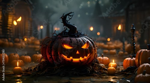 Halloween background with Evil Pumpkin. Spooky scary dark Night forrest. Holiday event halloween banner background concept. photo