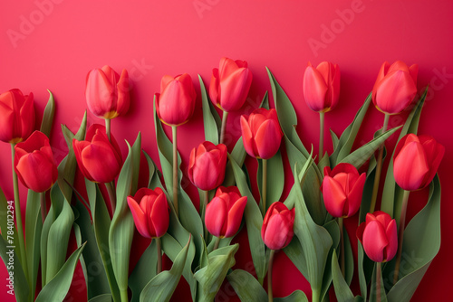 flowers are red tulips, set lying on red background
