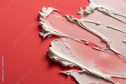white smears of creamy texture on red pastel background