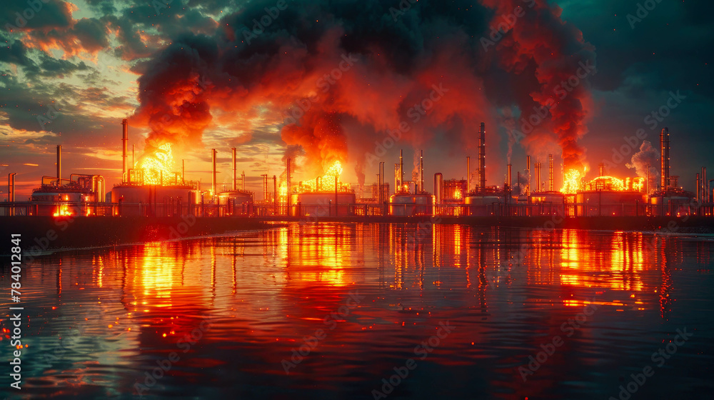Industrial disaster concept, fire at an oil refinery petrochemical plant with equipment pipes with fire and smoke