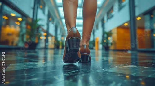 Close view of women's leather shoes of a businessman in a big city