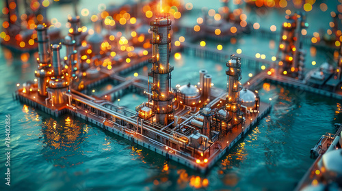Offshore industrial platform for oil and gas production in the ocean underwater, concept of oil production and oil refining