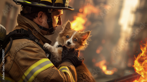 A firefighter is holding a small dog in his arms. The dog is brown and white. . a firefighter rescuing a pet from a burning building, capturing a moment of bravery and compassion. s photo