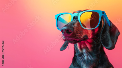 A dog wearing sunglasses and looking at the camera. The sunglasses are blue and yellow. The dog is wearing a black nose and black ears. a dachshund wearing colorful sunglasses in a color background